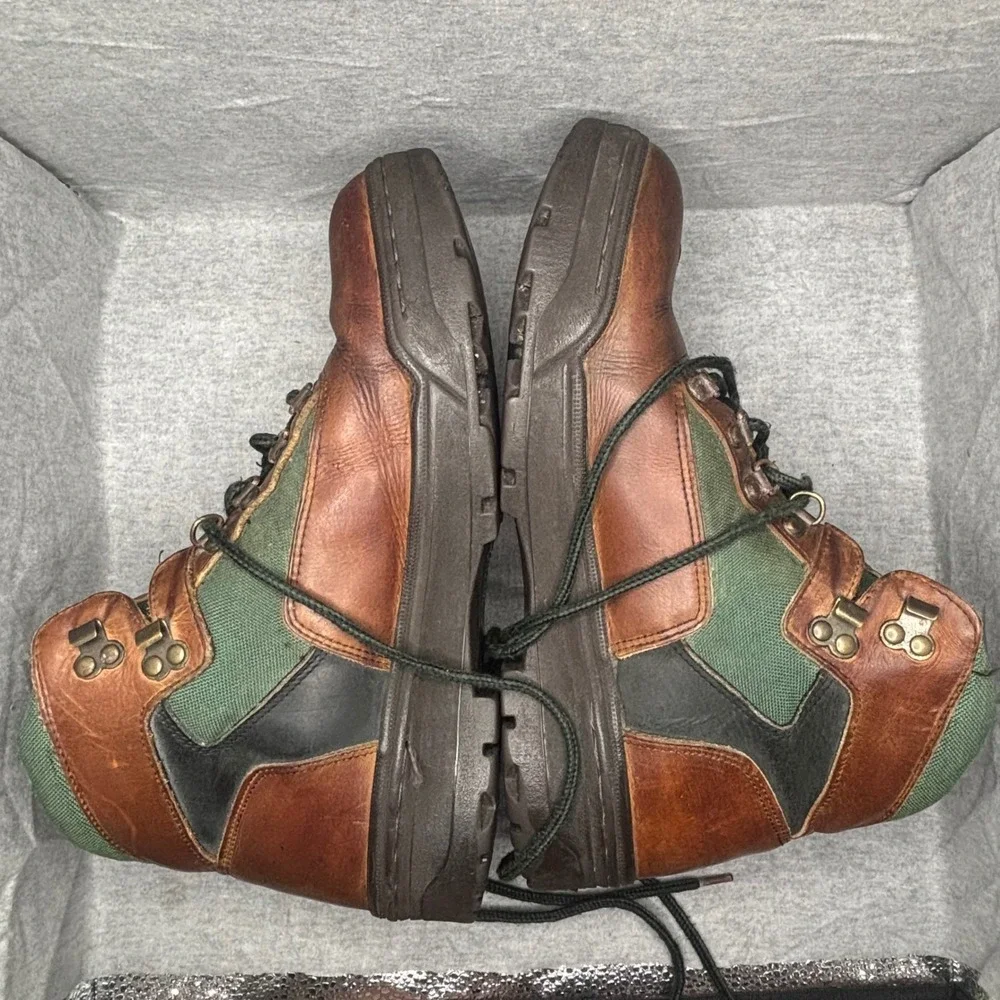 Columbia Trail Meister Tobacco Brown Green Leather Canvas Hiking Boots Mens 11.5